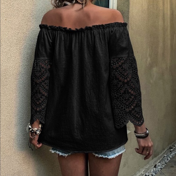 Boho Off Shoulder Eyelet Embroidery Frill Top Blouse White - Picture 9 of 15